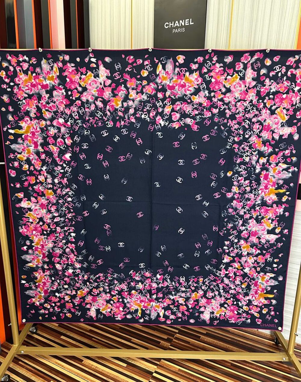 Chanel Watercolor Flower Print Large Square Scarf Navy Multi‑Color - Picture 8 of 8